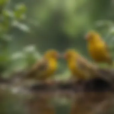 Yellow finches feeding in a natural habitat filled with greenery