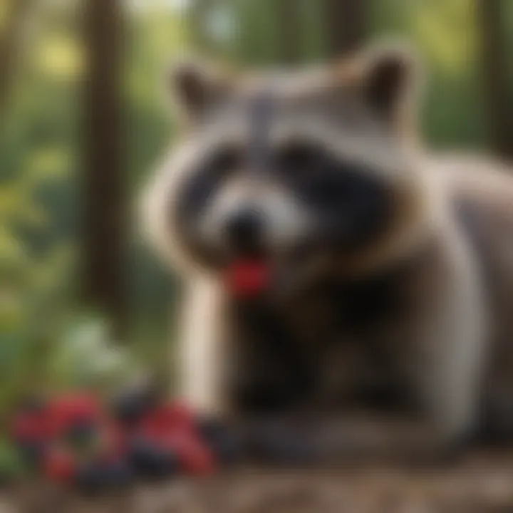 Close-up of a raccoon eating berries in a forest