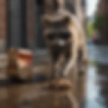 Raccoon Scavenging in Urban Areas A raccoon scavenging for food in an urban environment