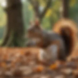 A close-up of a squirrel foraging for nuts in a park.