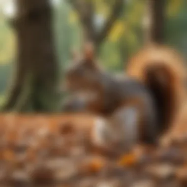 A close-up of a squirrel foraging for nuts in a park.