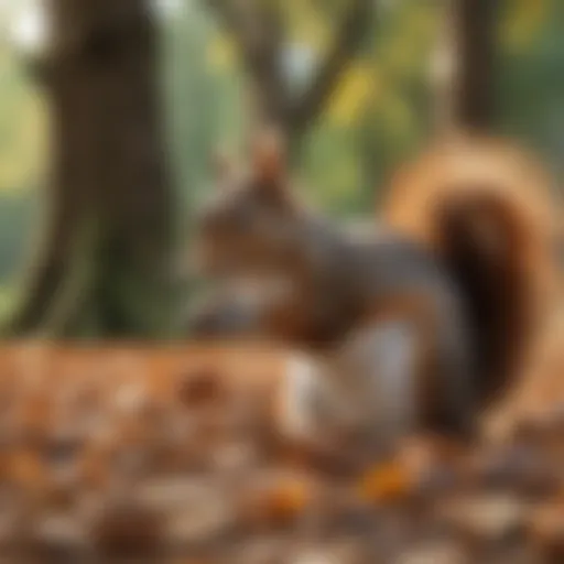 A close-up of a squirrel foraging for nuts in a park.