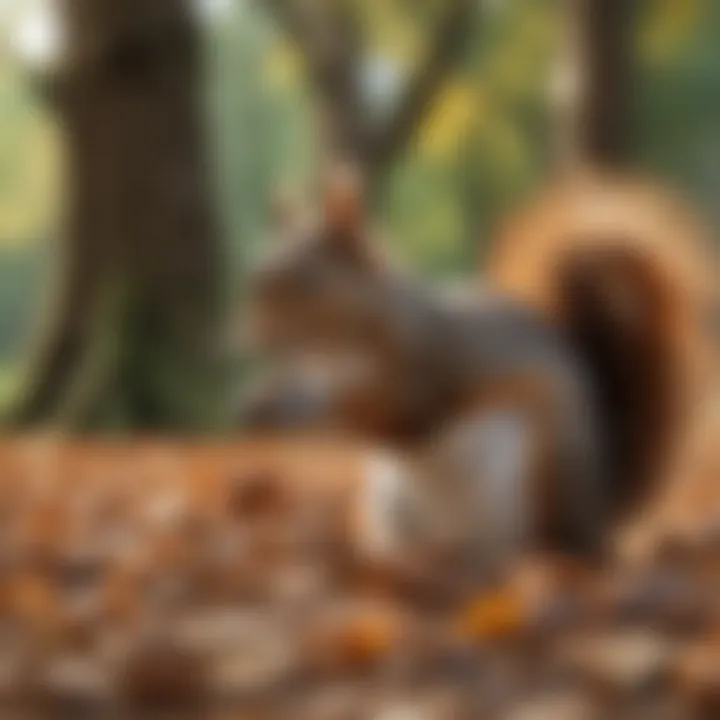 A close-up of a squirrel foraging for nuts in a park.