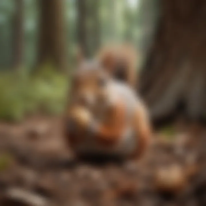 A playful squirrel hiding food in the ground.