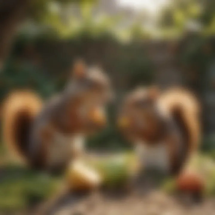 Squirrels eating fruits in an urban garden setting.