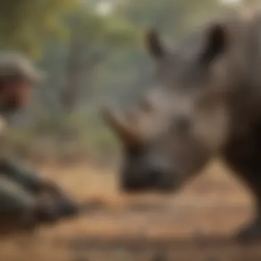 A group of conservationists working in the field to protect rhinos.