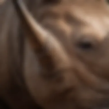 A close-up of a rhino's horn, emphasizing the threats from poaching.