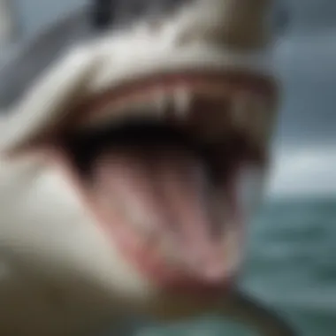 Close-up view of great white shark's teeth displaying predatory features