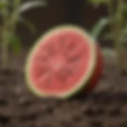 Close-up view of watermelon seeds germinating in soil