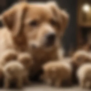 A serene image of a responsible breeder interacting with puppies, emphasizing ethical breeding practices.