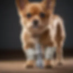 Close-up of a small dog wearing a hock brace, showing support around the hock joint