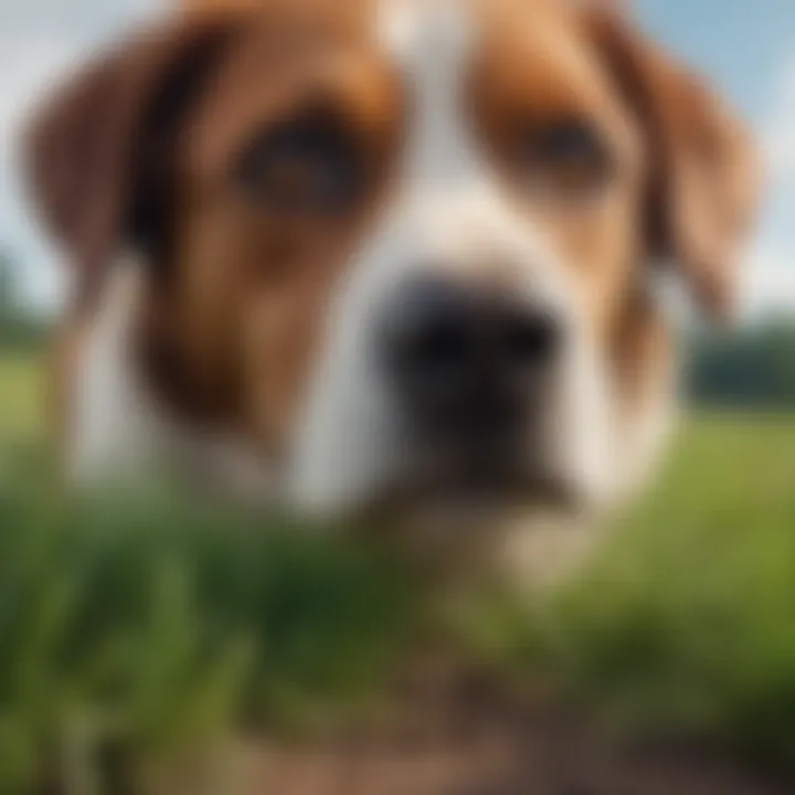 A close-up of grass with a dog sniffing it inquisitively