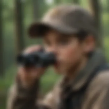 Young hunter with binoculars observing wildlife in Kentucky