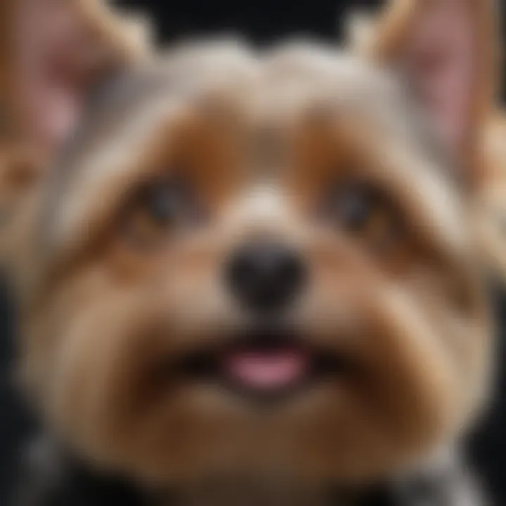 A close-up of a Malti Yorkie's face highlighting its expressive eyes