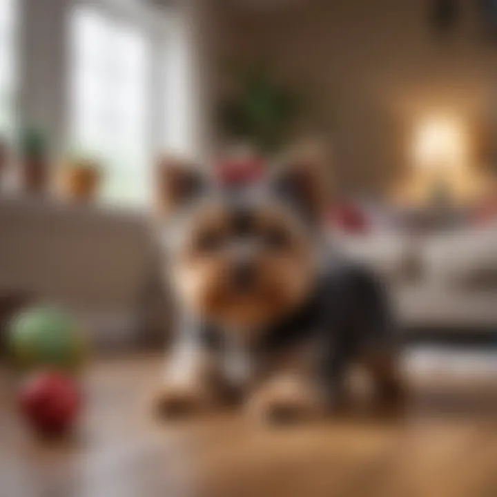 A Malti Yorkie playing with a toy in a cozy living space