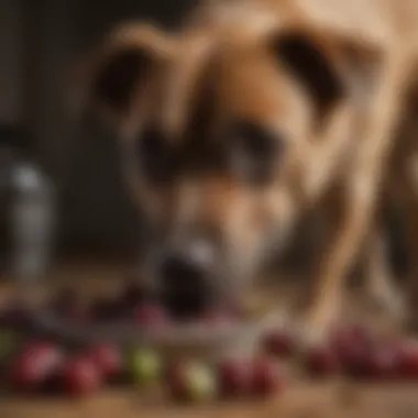 A dog curiously sniffing a bowl with grapes and raisins