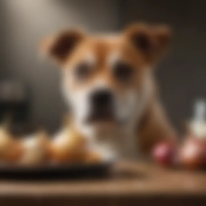 A dog near a plate with onion and garlic, looking wary