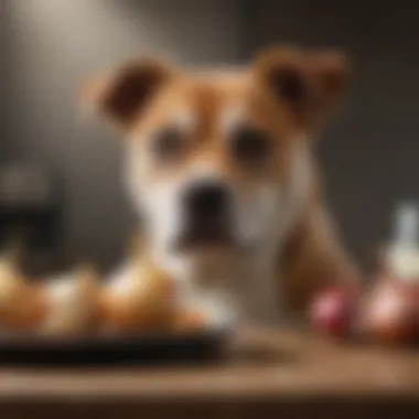 Onions and Garlic: Silent Killers for Dogs A dog near a plate with onion and garlic, looking wary
