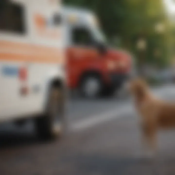 A dog owner observing their pet howling at a passing ambulance