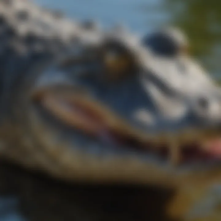 A close-up of an alligator basking in the sun, displaying its unique features.