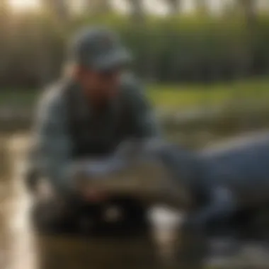 Conservation Efforts in the Everglades A conservationist conducting a survey of alligator populations in the Everglades.