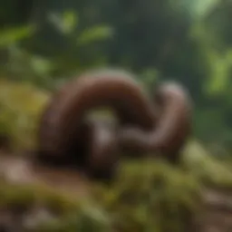 A close-up view of millipedes in their natural habitat, showcasing their segmented bodies and unique coloration.