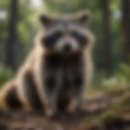 A raccoon exploring its natural habitat, showcasing its dexterous paws and facial markings.