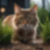 A vibrant cat grass plant with a curious cat exploring it