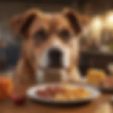 Dog and Unsafe Foods Illustration of a dog looking at a plate of unsafe foods