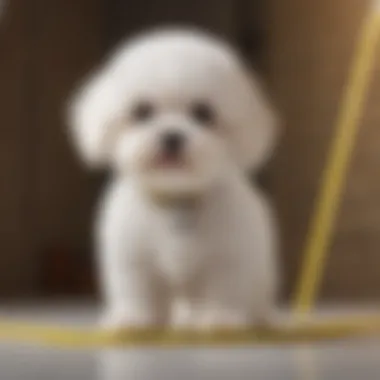 Bichon Frise standing on a measuring tape