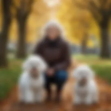 Bichon Frise with owner in a park