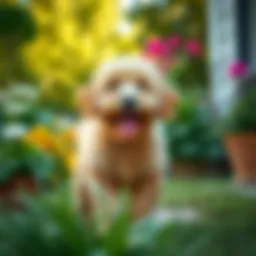 Smallest Goldendoodle playing in a garden