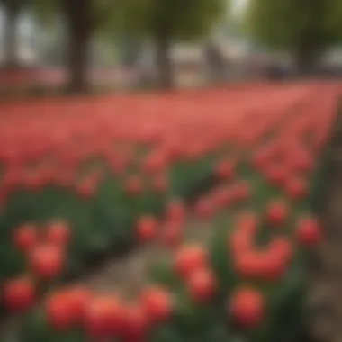 A scenic view of a historic tulip festival location enveloped in blooms