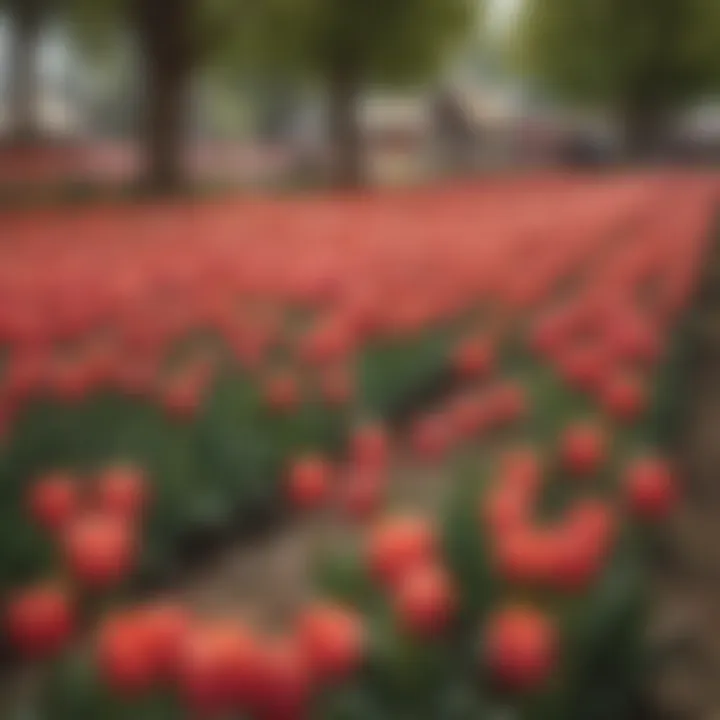 A scenic view of a historic tulip festival location enveloped in blooms