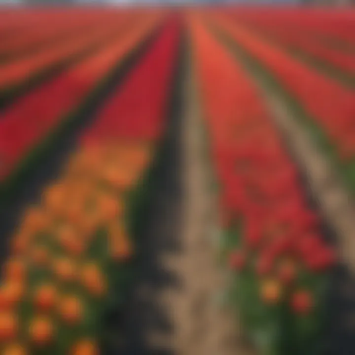 Vibrant tulip fields in full bloom under a clear blue sky