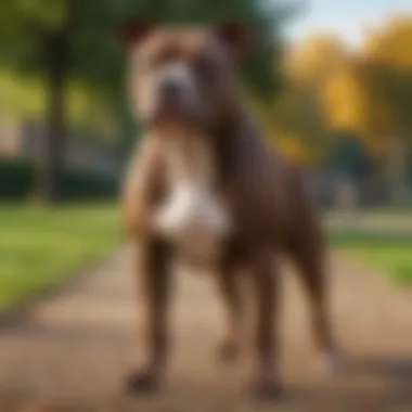 A muscular Pitbull standing proud in a park