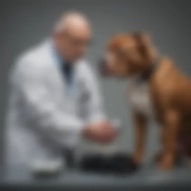 A veterinarian weighing a Pitbull during a checkup