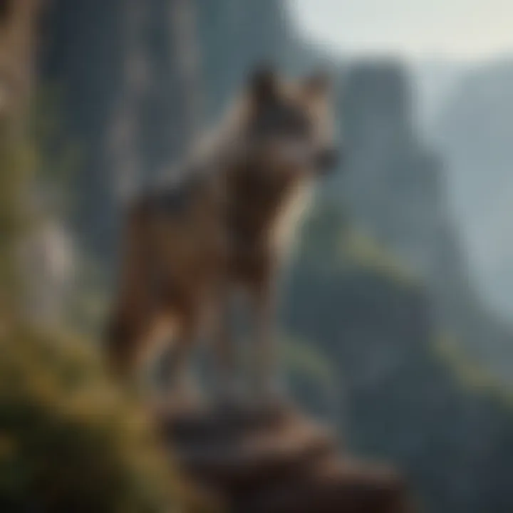 A wolf standing at the edge of a cliff, overlooking its territory, representing its ecological role.