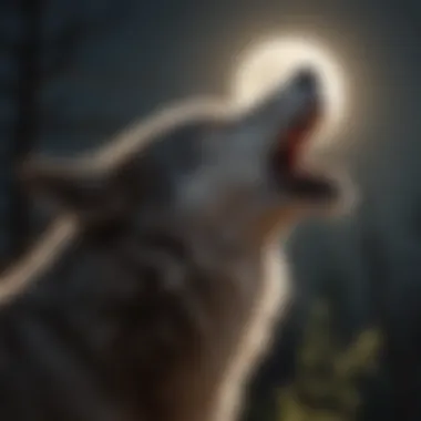 A majestic wolf howling under a full moon, symbolizing its connection to the wild.