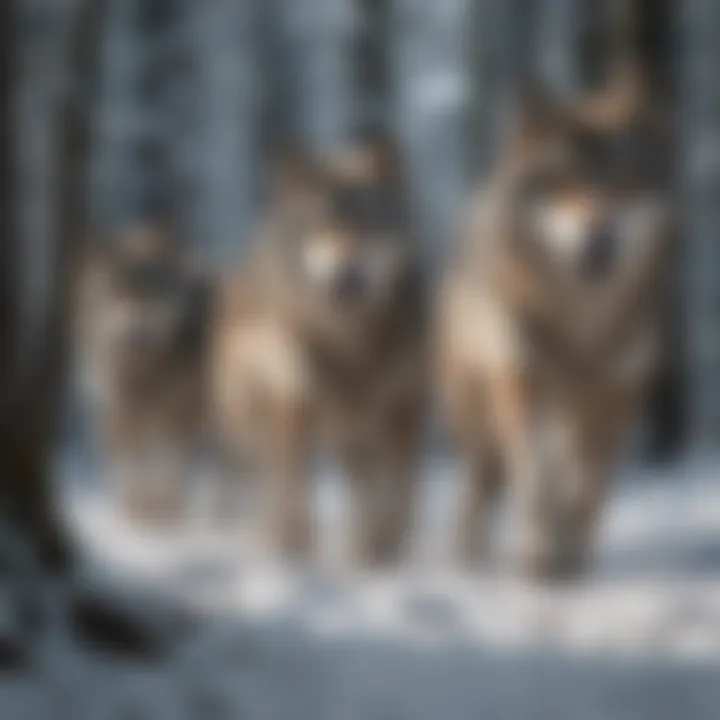 A pack of wolves running through a snowy forest, illustrating their social dynamics.