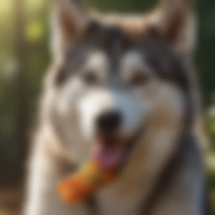 Close-up of a husky enjoying a vegetable treat