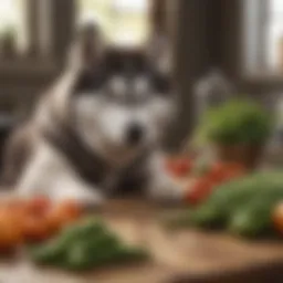 A husky curiously examining fresh vegetables laid out on a table