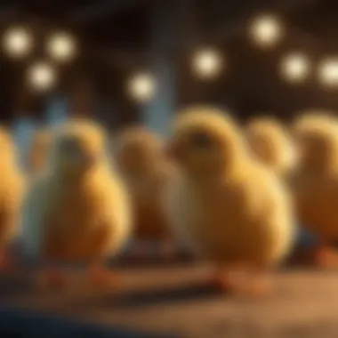 Chicks under warming lamps showcasing ideal temperature conditions