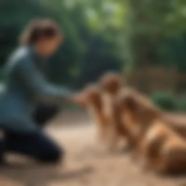 Engaging Training Sessions for Dogs A dog trainer engaging with a group of dogs during boarding