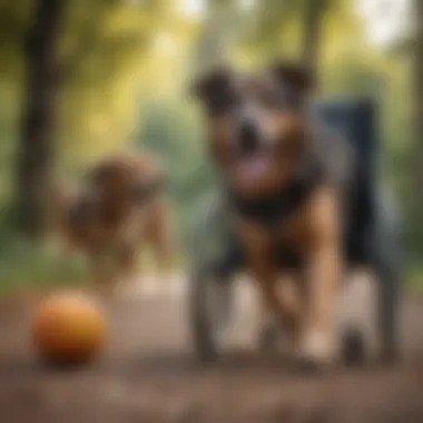 A large dog playing with a ball while in a wheelchair, showcasing mobility.