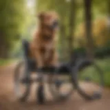 A large dog joyfully using a wheelchair in a park setting.