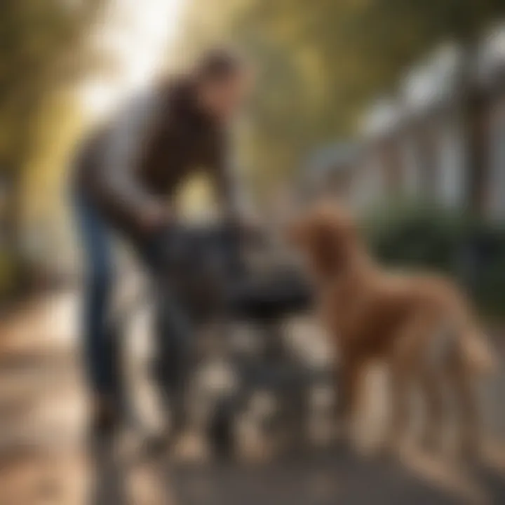 Owner assisting a large dog in adjusting its wheelchair for comfort.