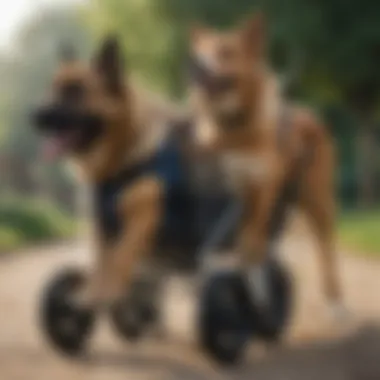 Different types of wheelchairs designed for large dogs displayed together.