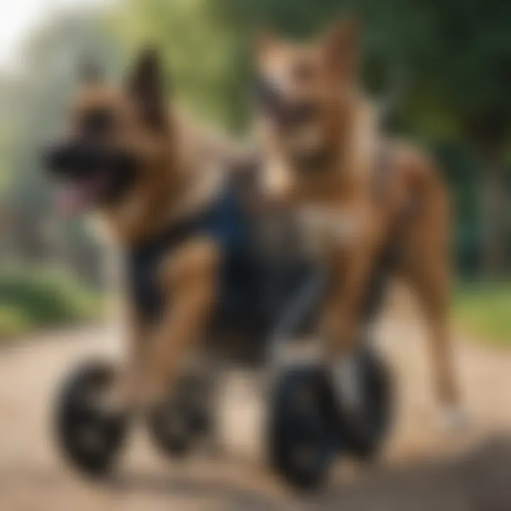 Different types of wheelchairs designed for large dogs displayed together.
