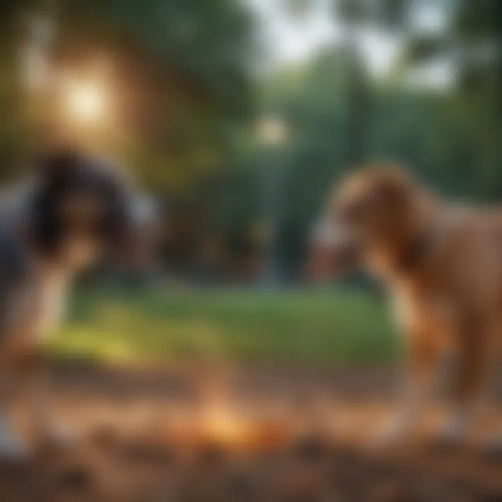 A group of dogs playing together in a park setting.